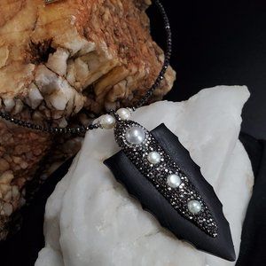 Genuine Pearl Arrow Pendant Silver Crystals Necklace Unique Designer Jewelry